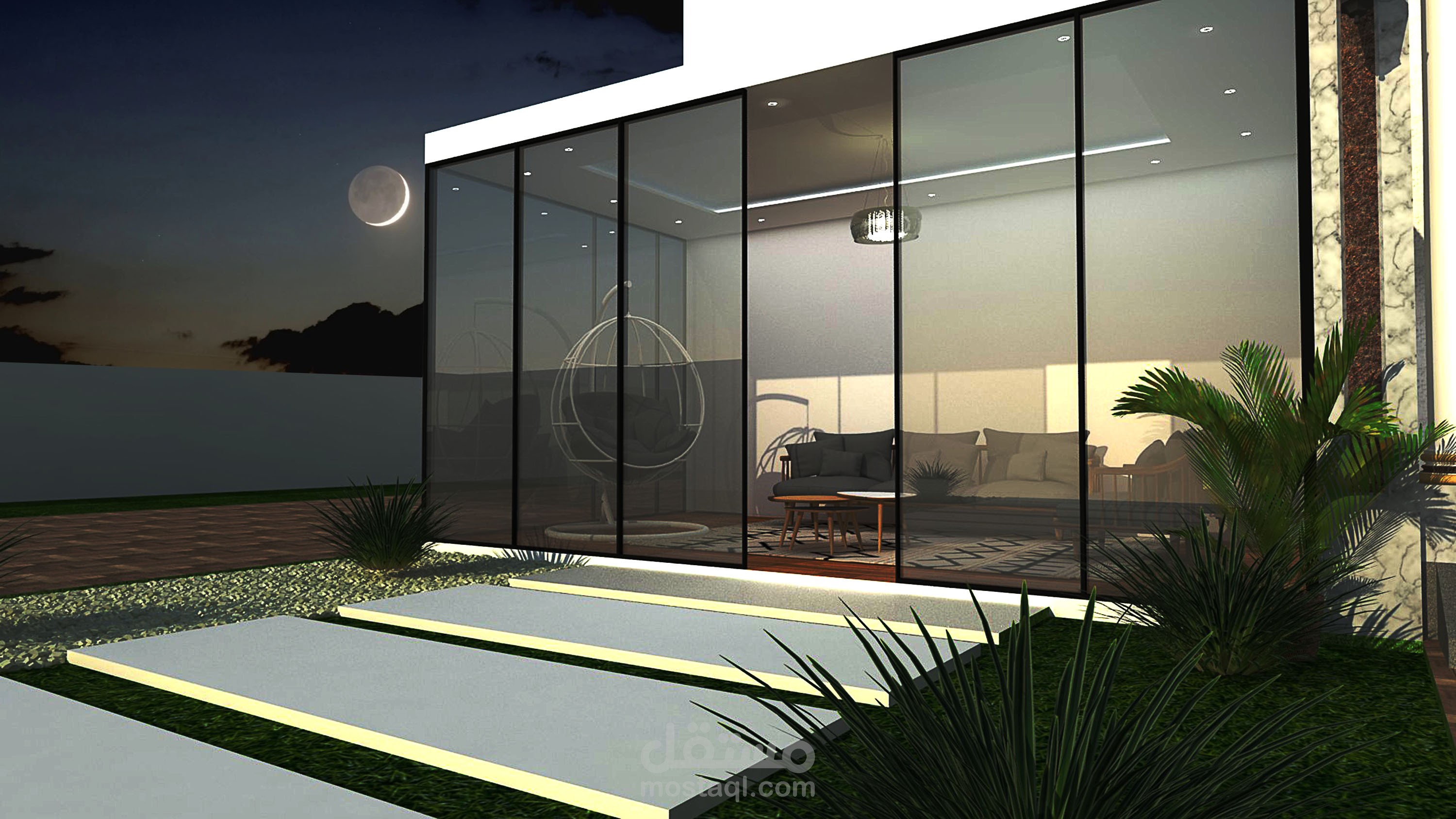 تصميم landscape + غرفة زجاجية و pergola