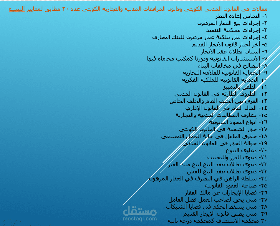 كتابة مقالات عدد 30 في القانون المدني والتجاري الكويتي