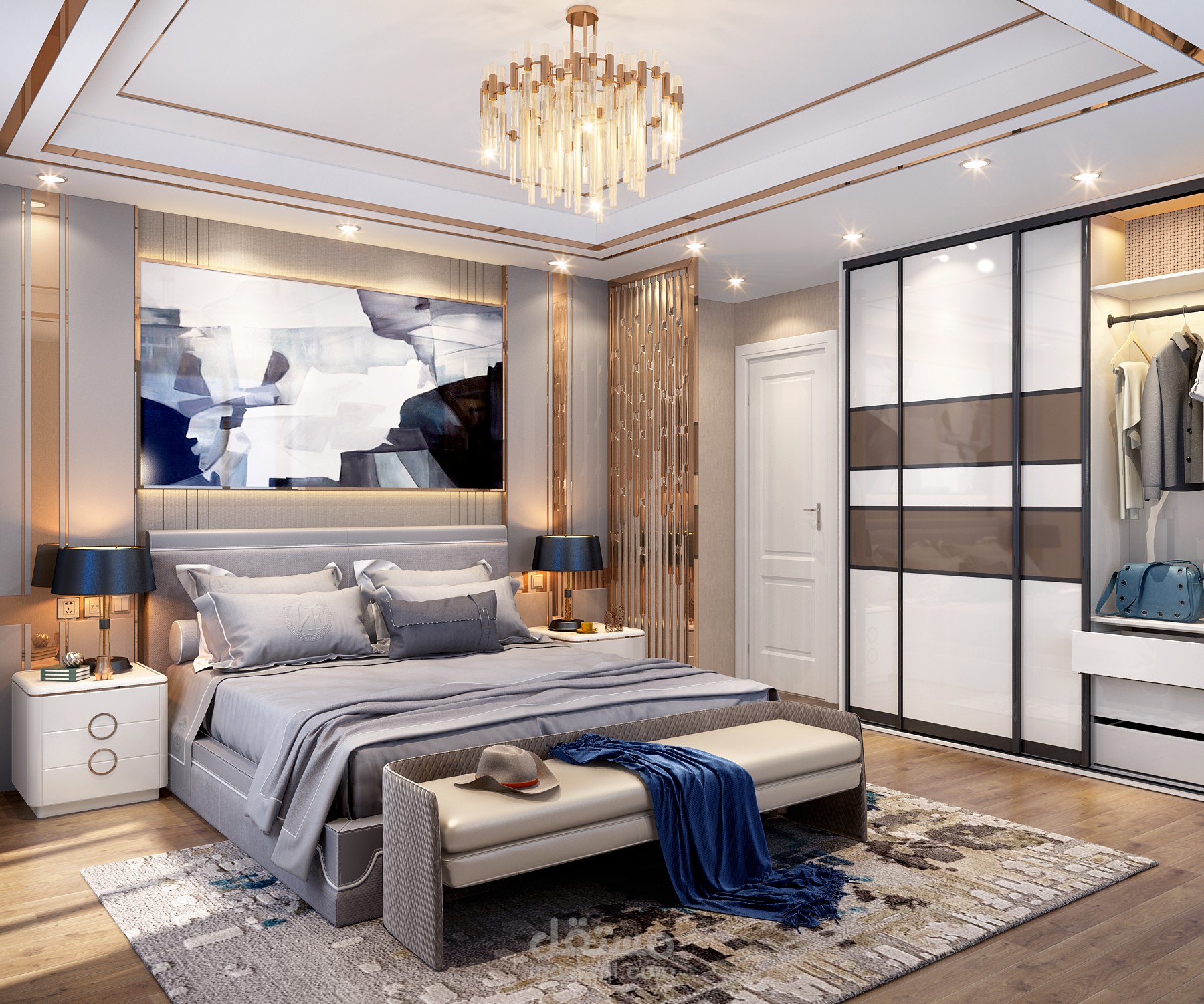 تصميم غرفة نوم مع قسم ملابس