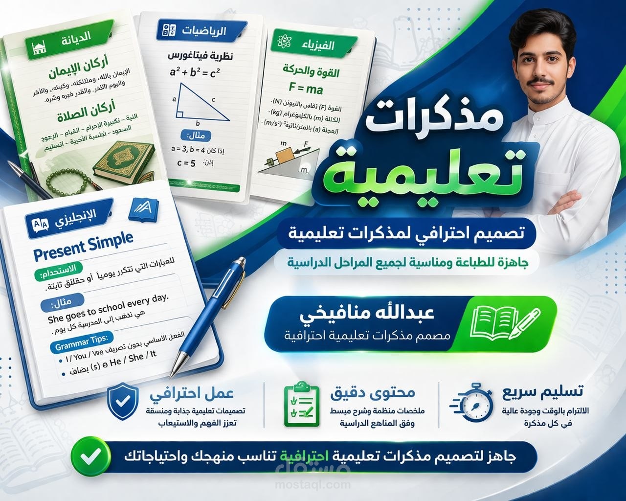 تنسيق مذكرات تعليمية شاملة (ديانة، رياضيات، فيزياء، إنجليزي ..... )