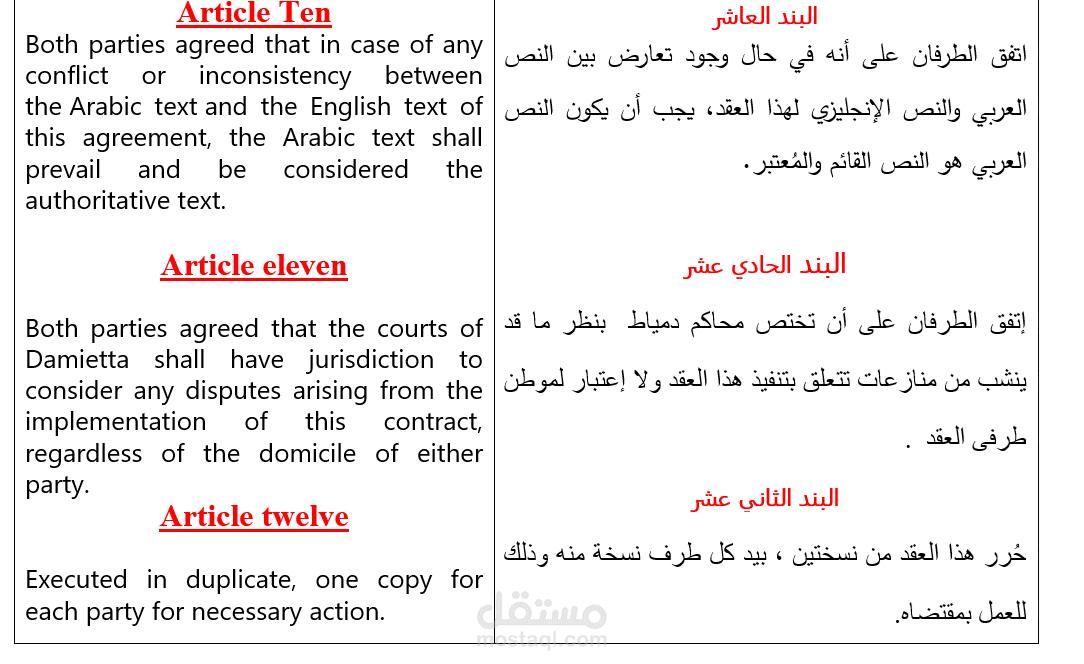 بنود من عقد عربي & English