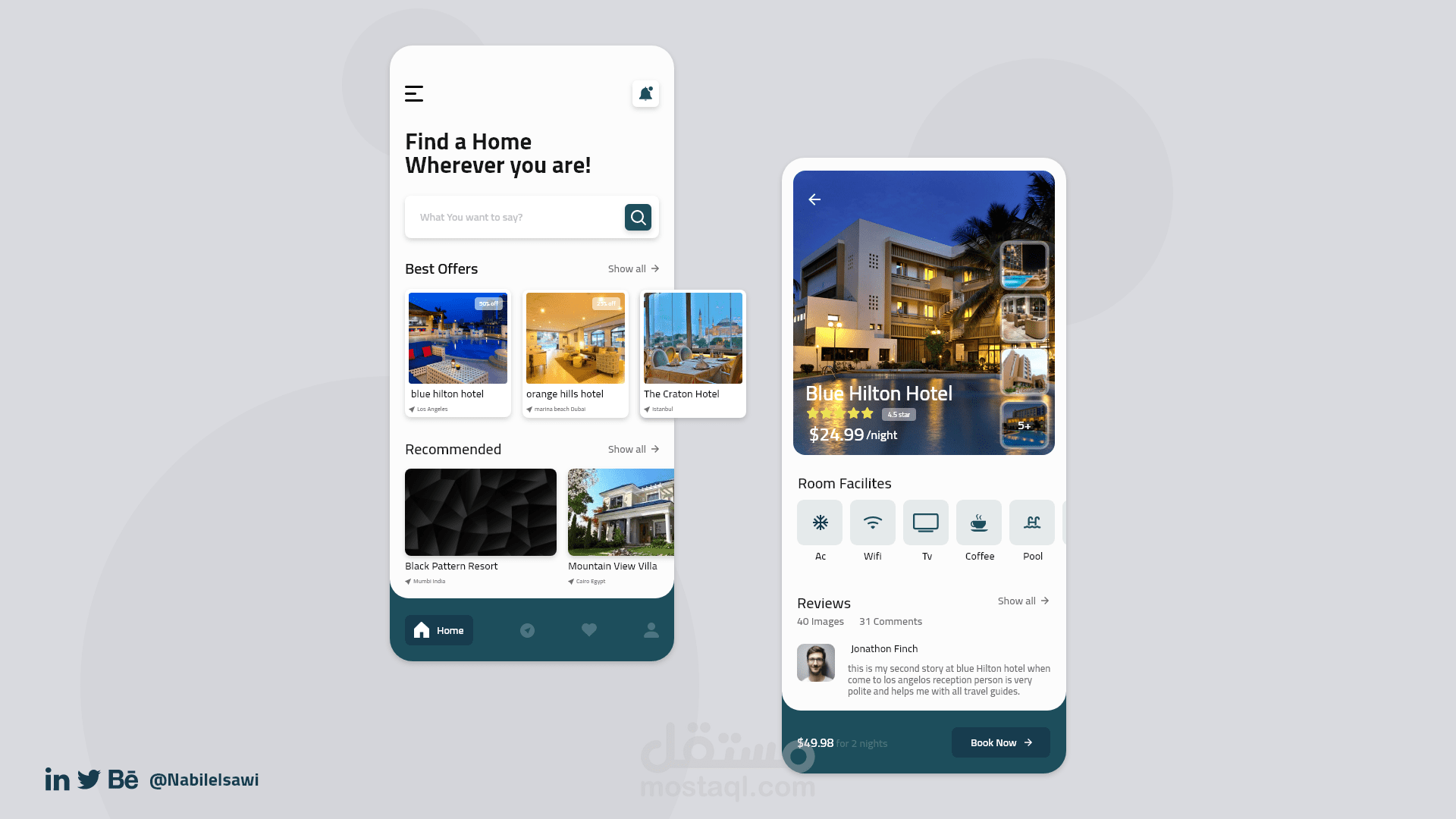 تصميم UI/UX لتطبيق حجز فنادق