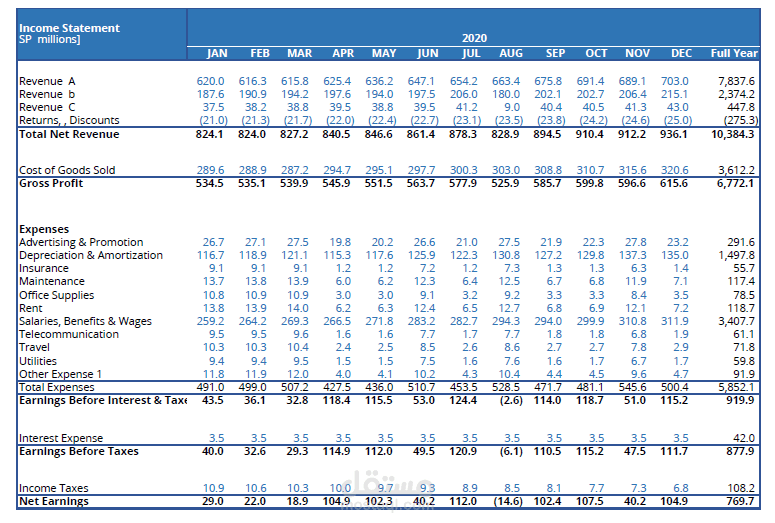 قائمة الدخل الشهرية - Income Statement