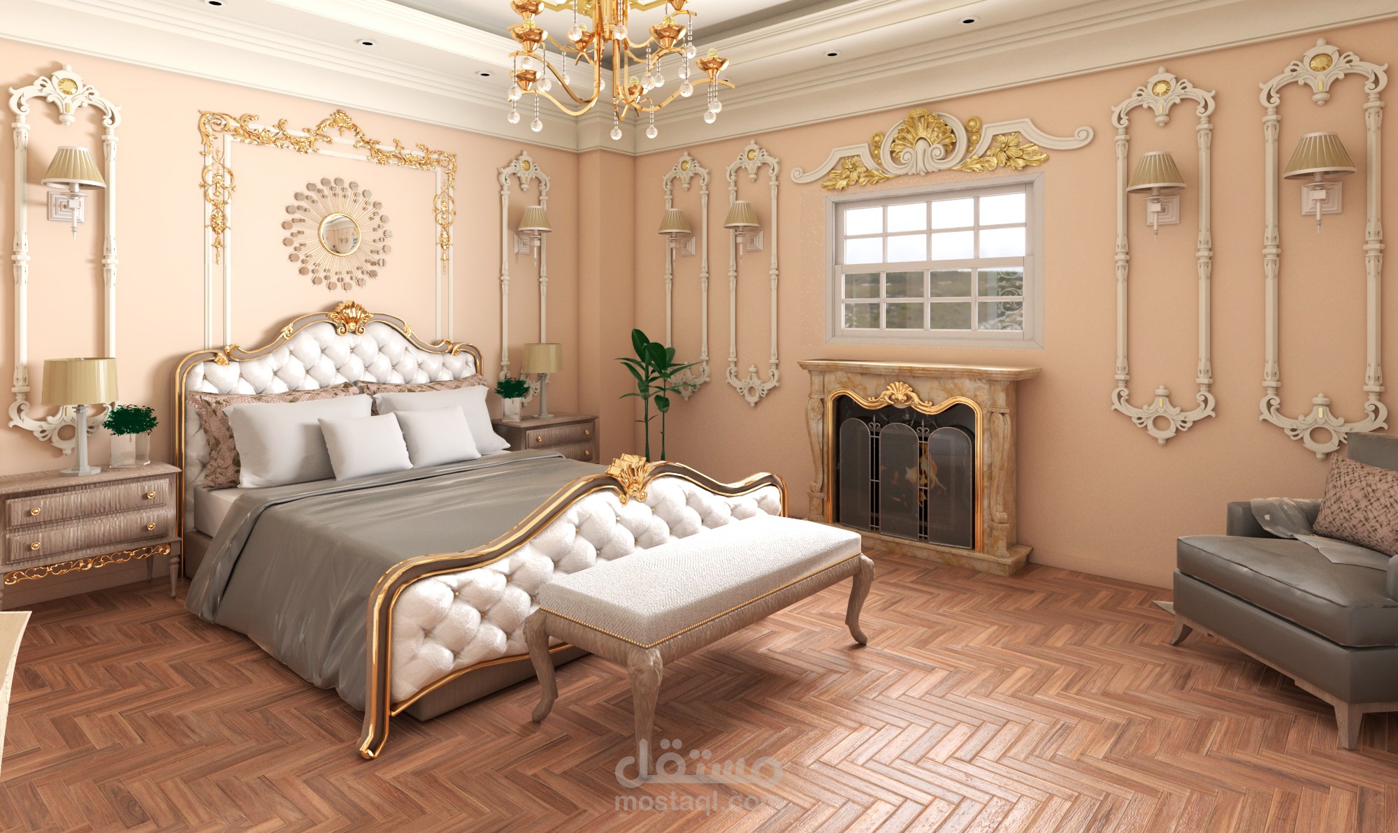 تصميم ثلاثي الأبعاد لـ غرفة نوم كلاسيكية