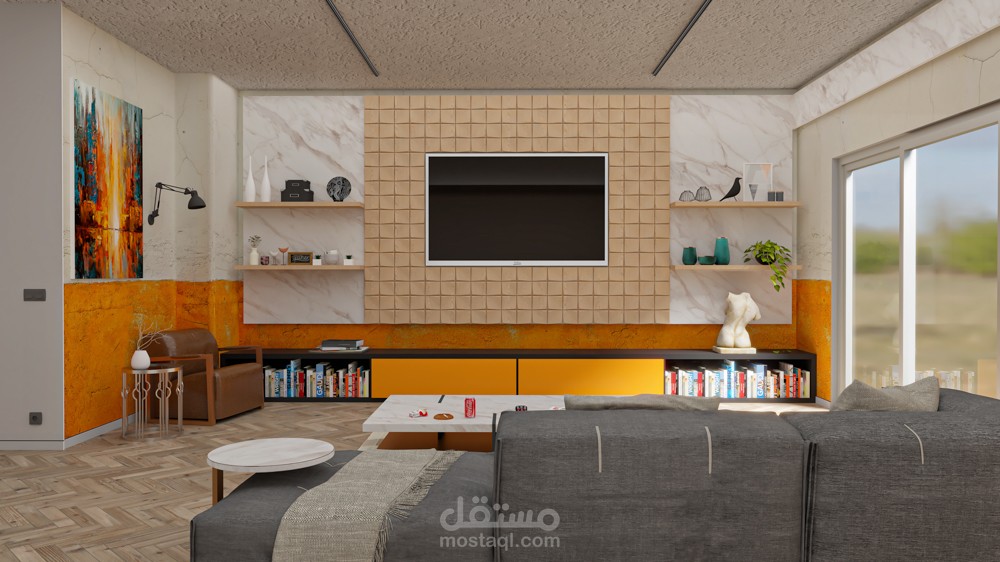 تصميم غرفة معيشة مع اضاءات مختلفة.