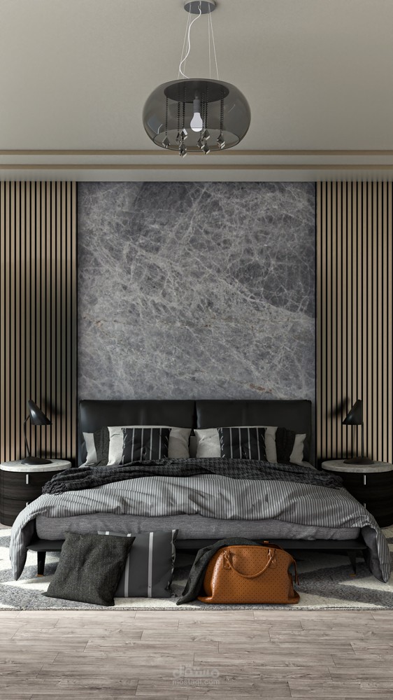 تصميم غرفة نوم مع اضاءات مختلفة.