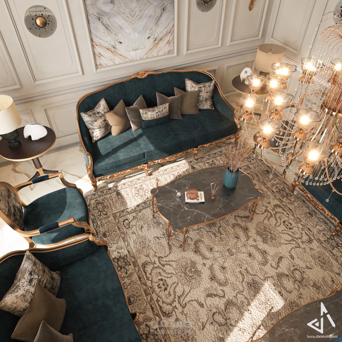 تصميم داخلي لغرفة استقبال بنمط نيو كلاسيك