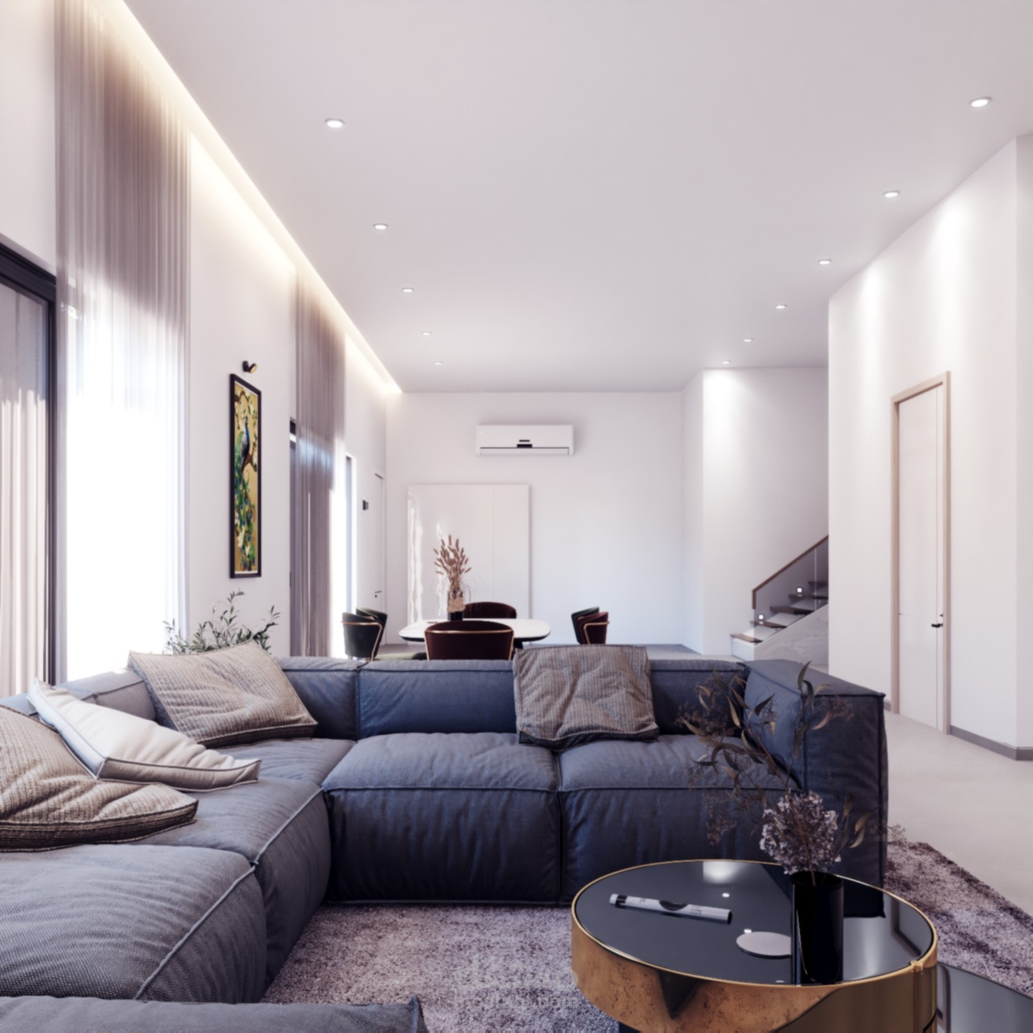 تصميم صالة معيشة ومطبخ وركن طعام على النمط الحديث