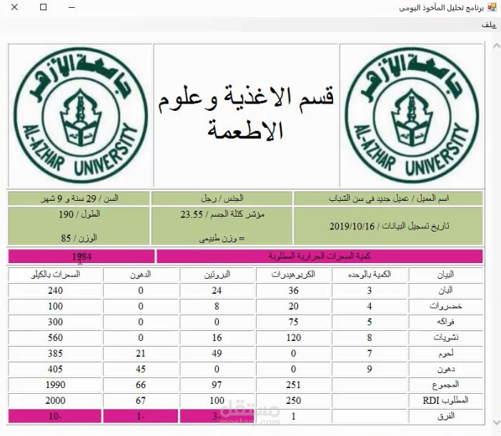 برنامج التحليل الغذائى