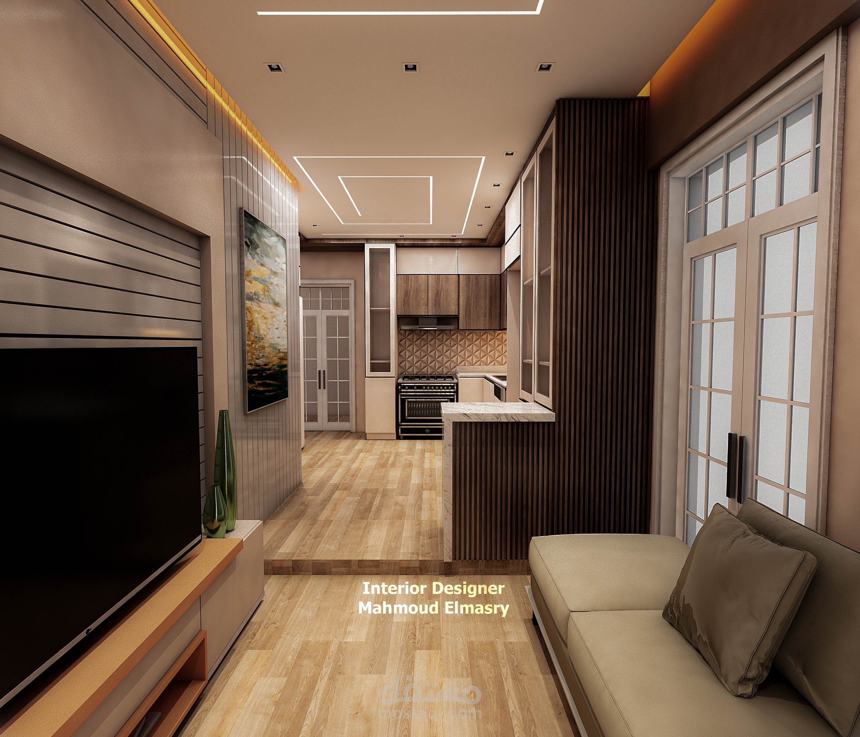 kitchen and living
