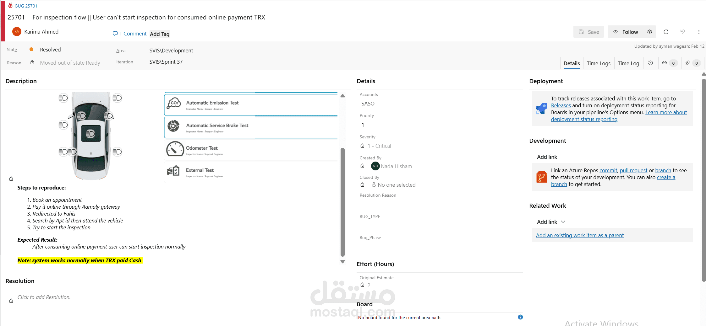 نموذج لكتابه Bug لتعديل فى عمليه الدفع على النظام باستخدام Bug Tracking Tool (Azure)