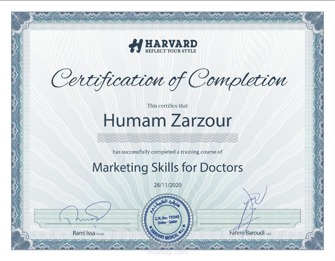 شهادة بالتسويق عبر السوشال ميديا ك Marketing skills for doctors من معهد HARVARD بقطر