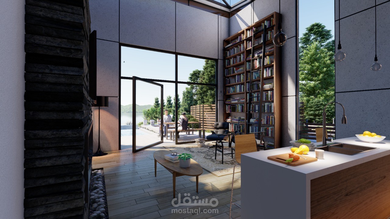 رندر مطبخ ومعيشة بسيطة