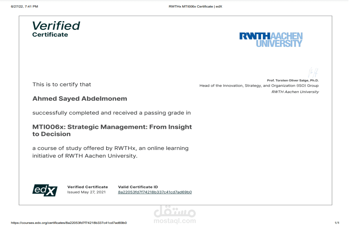 شهادة معتمدة من جامعة RWTH Aachen بألمانيا فى مجال تطوير الاستراتيجيات