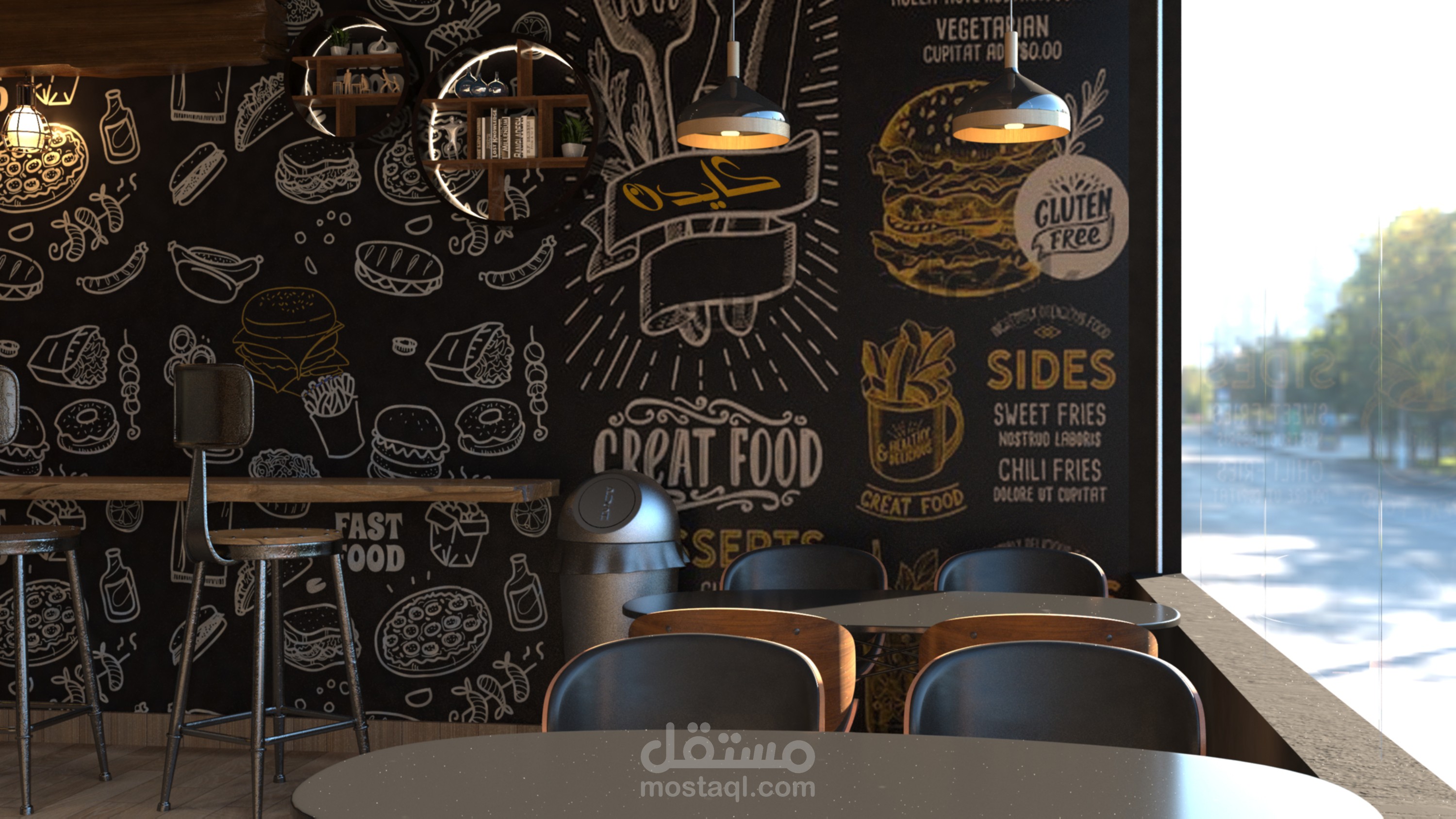 تصميم ديكور داخلي لمطعم وجبات سريعه وفق اشتراطات المطاعم والمطابخ في المملكة العربية السعودية