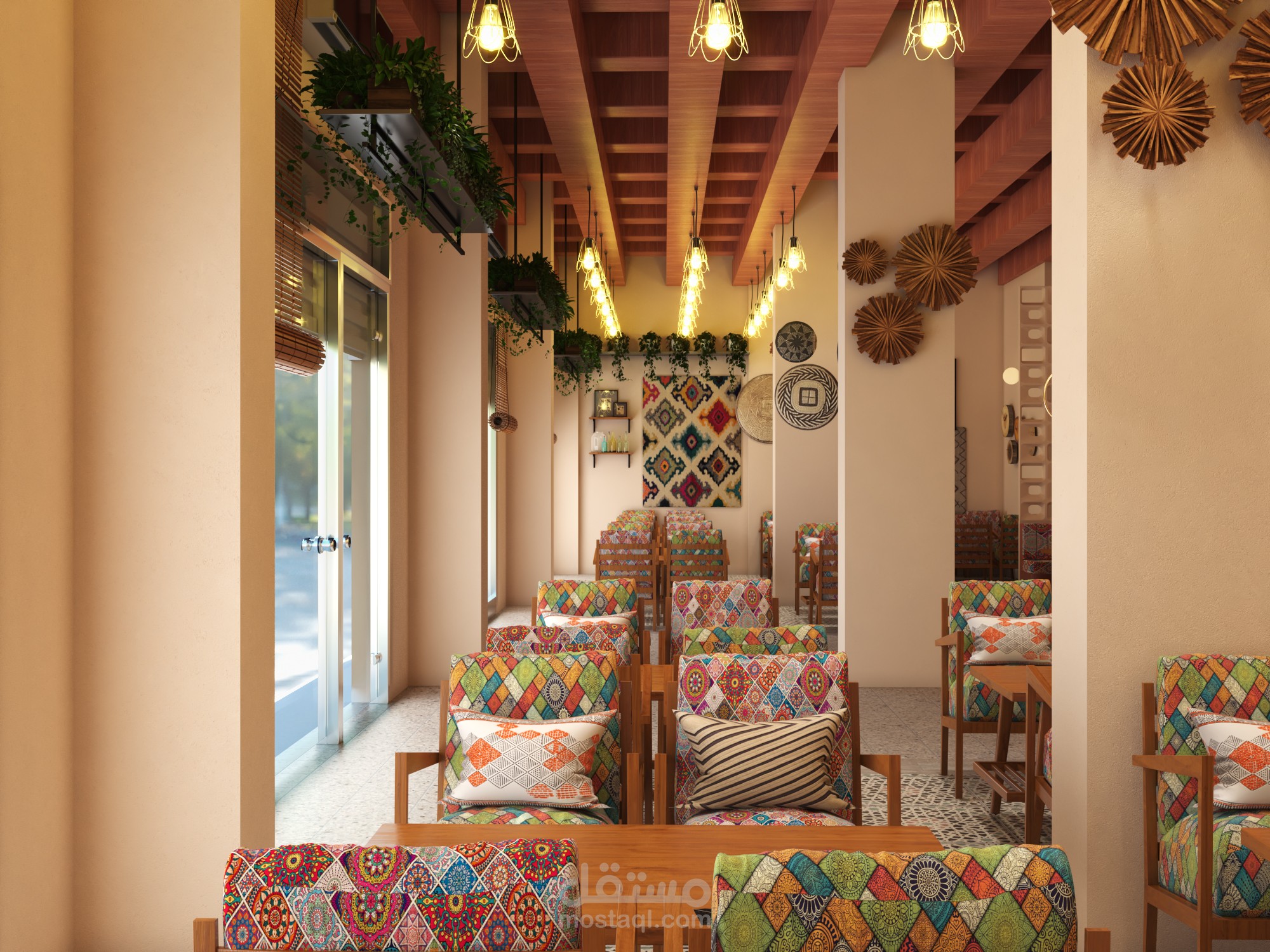 تصميم ديكور داخلي وواجهه لمقى شعبي في السعوديه على الطراز البوهيمي