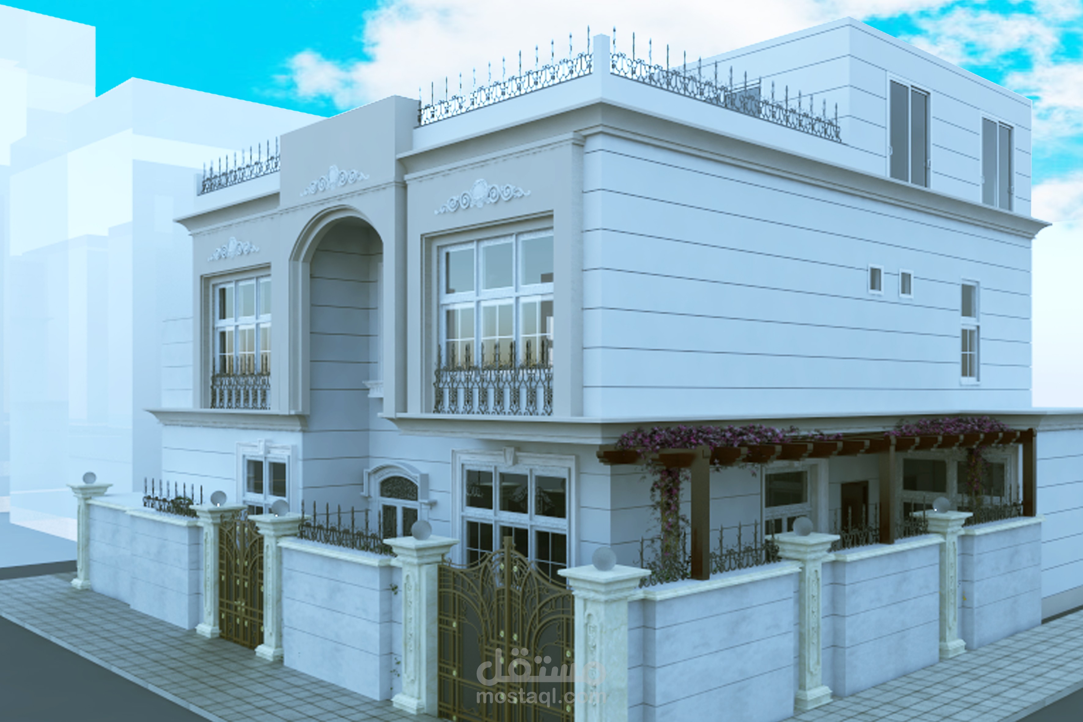 واجهة فيلا سكنية مع تنسيق الحديقة