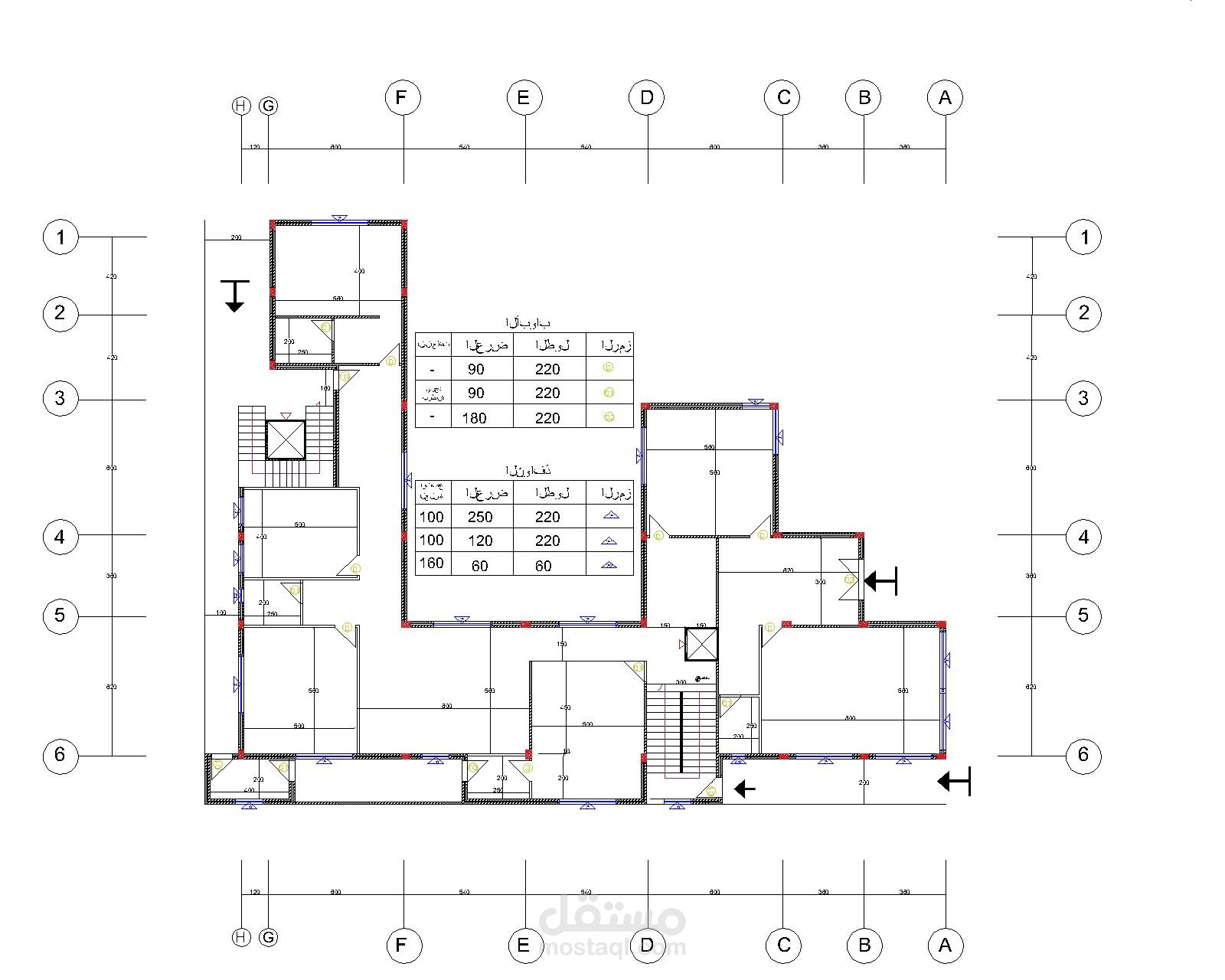 مخططات تنفيذية لفيلا متصلة مع شقة على شكل حرف U .