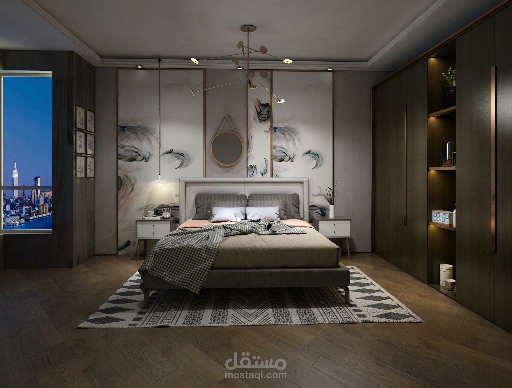 تصميم غرفة نوم بنظام عمل حديث ذو طابع فني