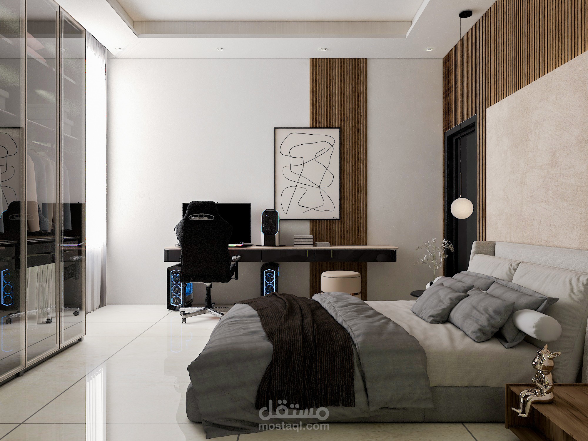 تصميم غرفة نوم لأولاد مع ركن غيمينغ و مع مخططات تنفيذية