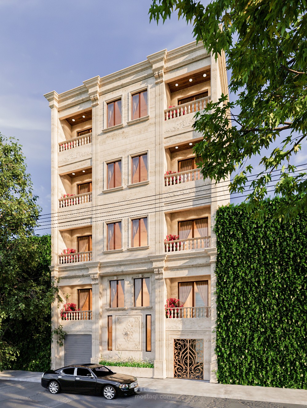 تصميم واجهة بناء سكني على الطراز النيو كلاسيك