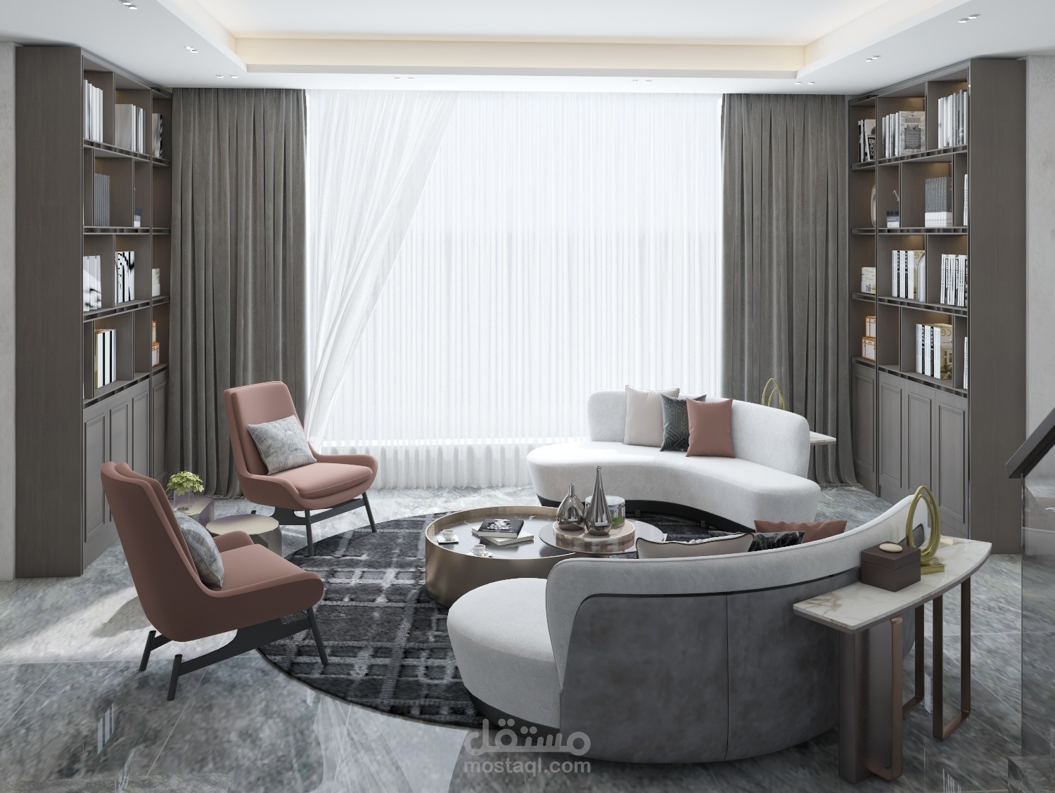 تصميم مكتبة في فيلا على درج