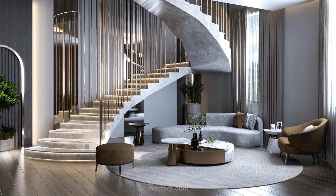 بعض اللقطات من تصميم مميز لدرج و ركن تحضير في غرفة معيشة فخمة