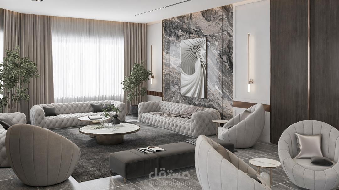 تصميم لاستقبال فخم و مميز بطزار مختلط ( نيو كلاسيك فخم + موديرن )