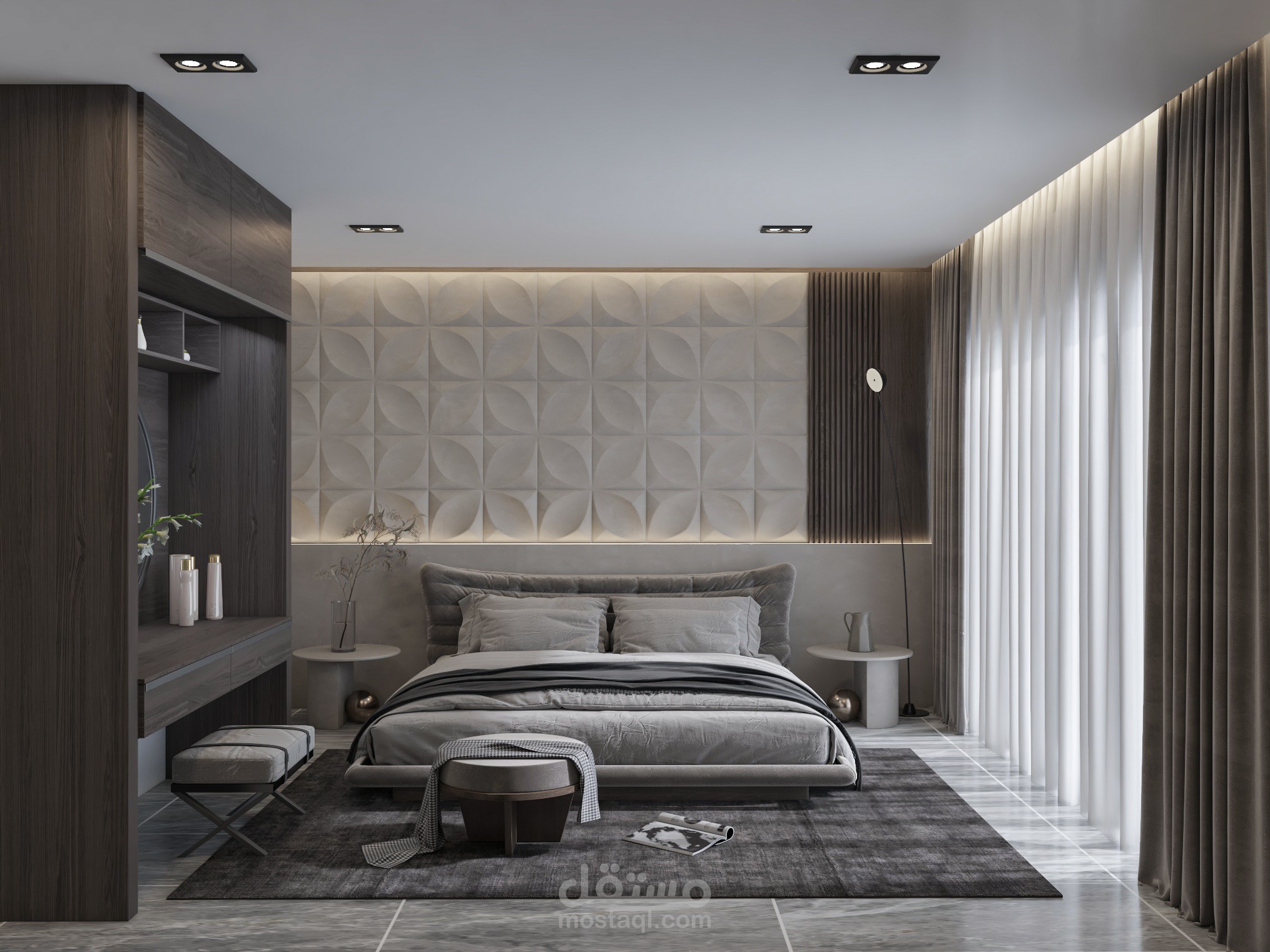 ريندر احترافي لفيديو اينيميشن لغرفة نوم ماستر.