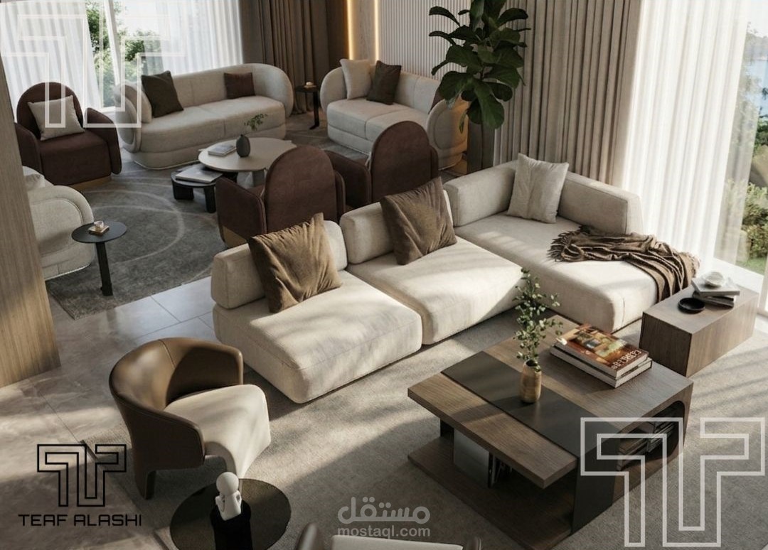 تصميم داخلي لصالة معيشة ومجلس نساء حديث – السعودية