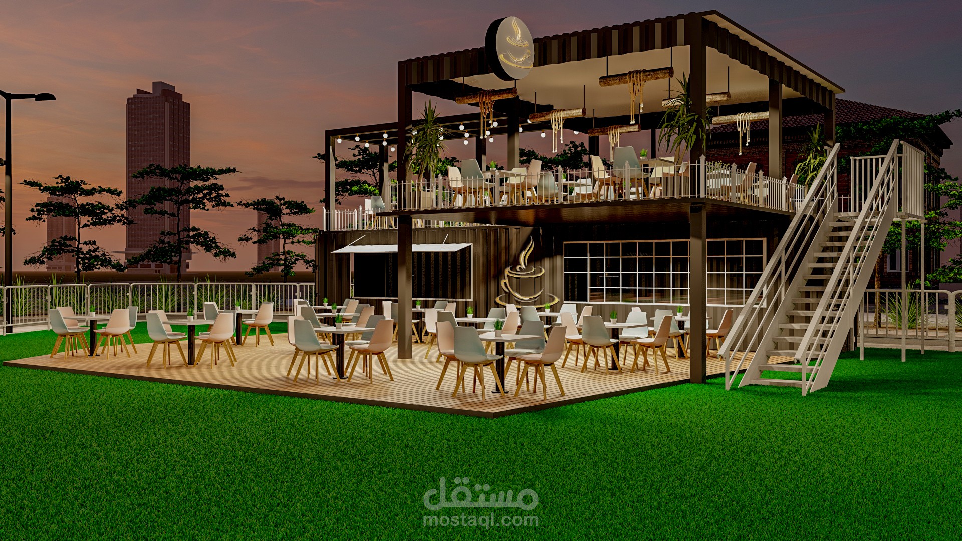 تصميم كوفي شوب مودرن من حاويات الشحن - طابقين مع جلسات خارجية