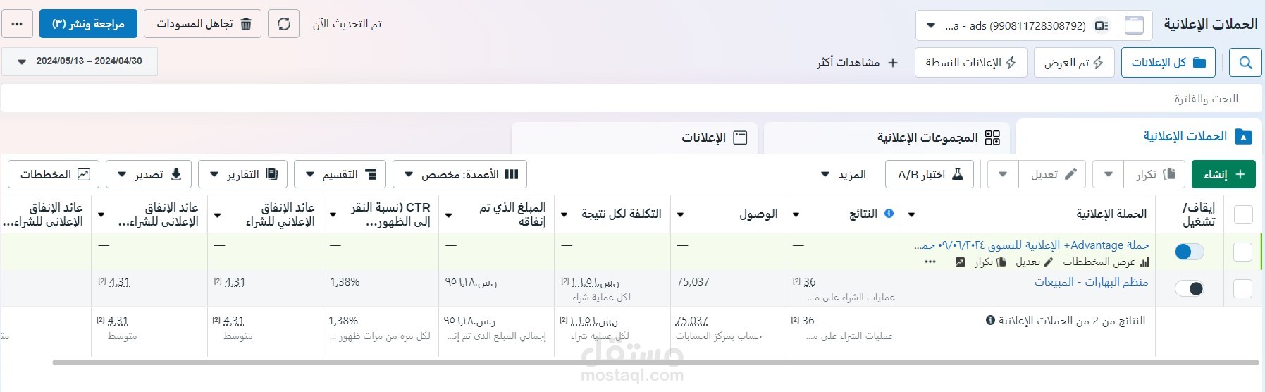 نتائج لحملة إعلانية على الإنستغرام لمنتج يستهدف المطبخ