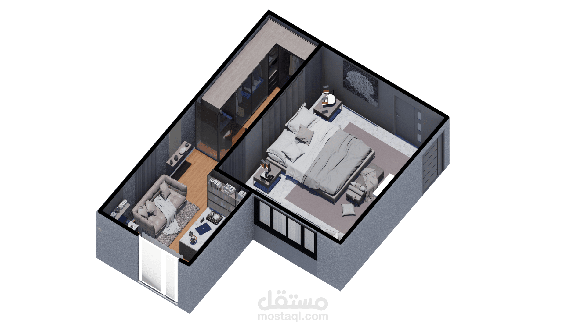 Modern interior design for a bedroom with round inside project (VR)& 3D plan in KSA