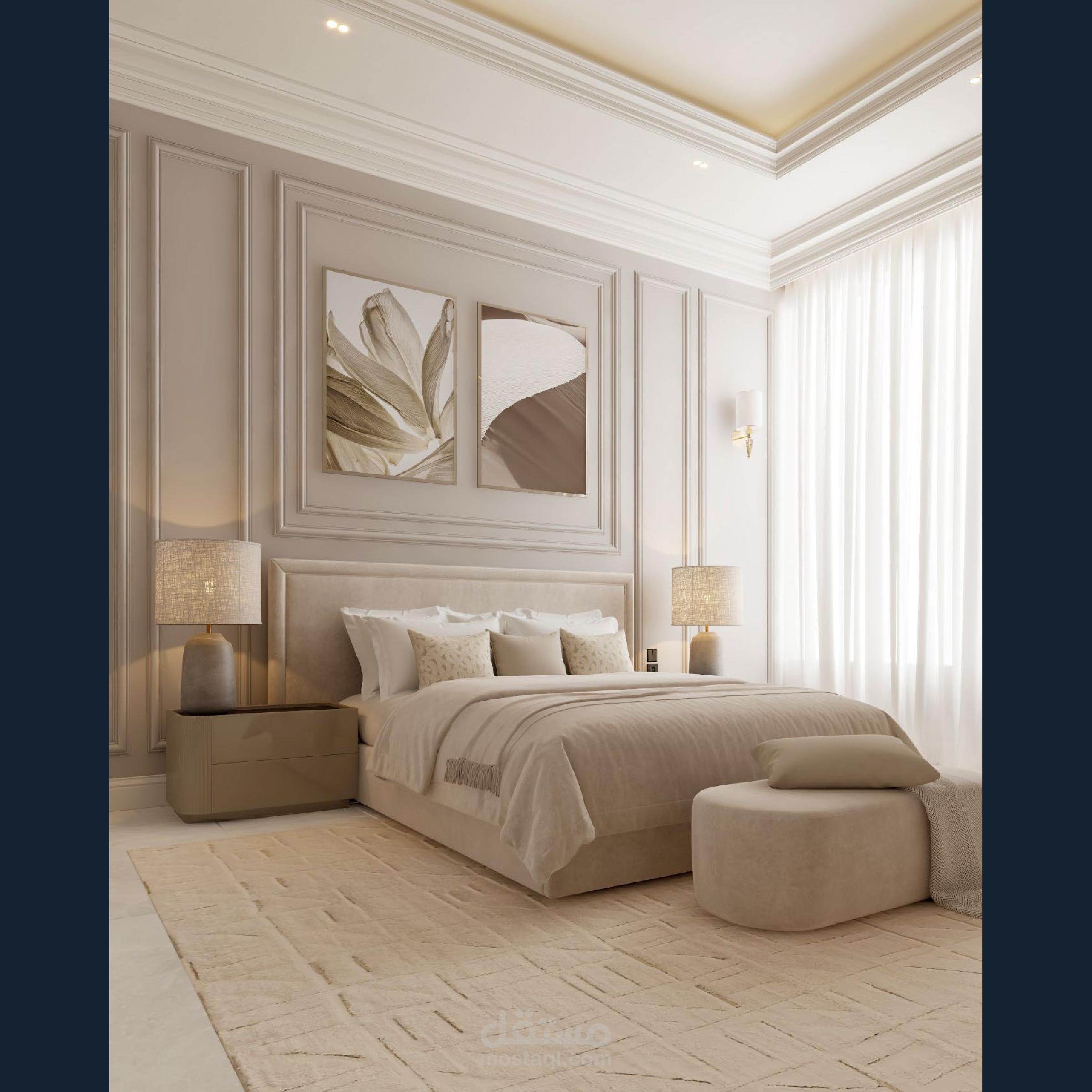 Interior design of a master bedroom with a bathroom and a dressing room