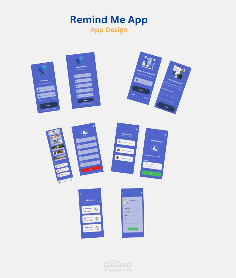 " UX Design  of "  Remind Me App ( تصميم تجربة المستخدم )