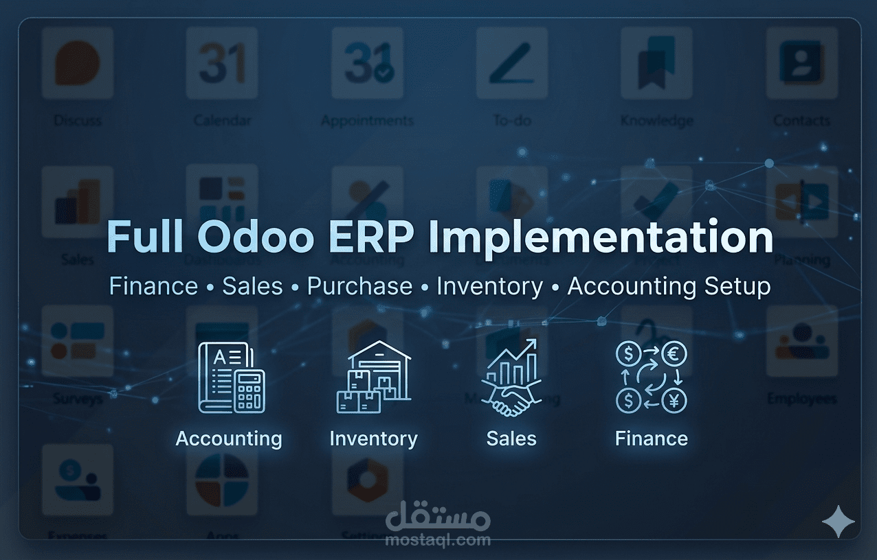 تنفيذ وتخصيص نظام Odoo ERP متكامل (المحاسبة، المشتريات، المبيعات، المخازن، الأصول) مع إعداد كامل لدليل الحسابات والربط المالي