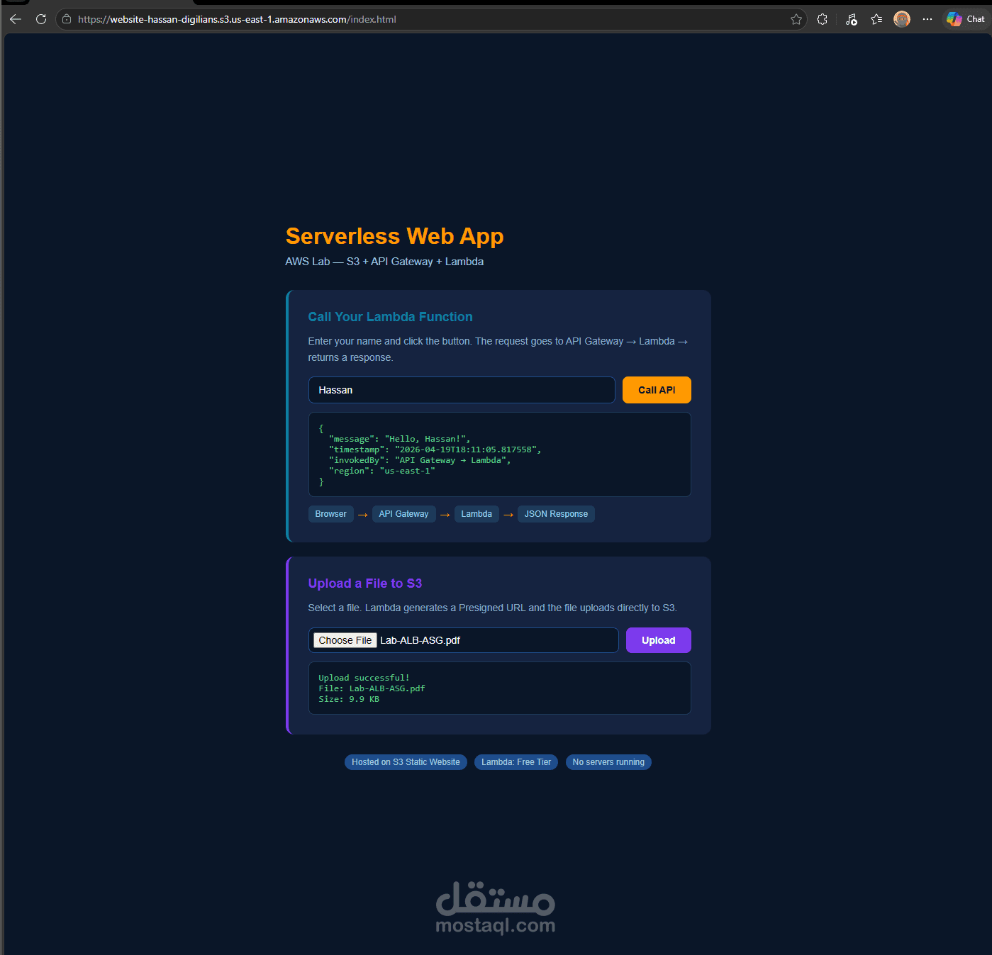 تصميم وتنفيذ تطبيق Serverless باستخدام AWS Lambda و API Gateway و Amazon S3