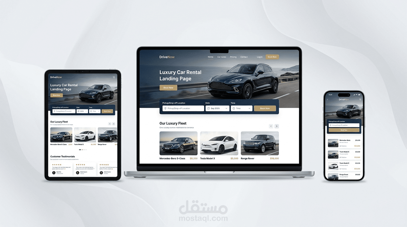 مشروع Landing Page احترافية لموقع تأجير سيارات (DriveNow)