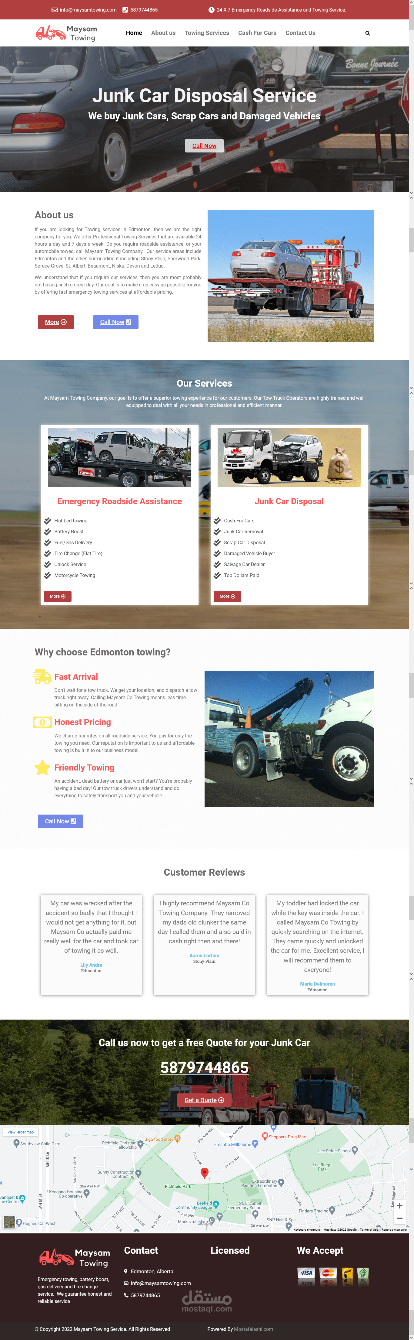 موقع لشركة تساعد في سحب السيارات المتعطلة على الطرقات