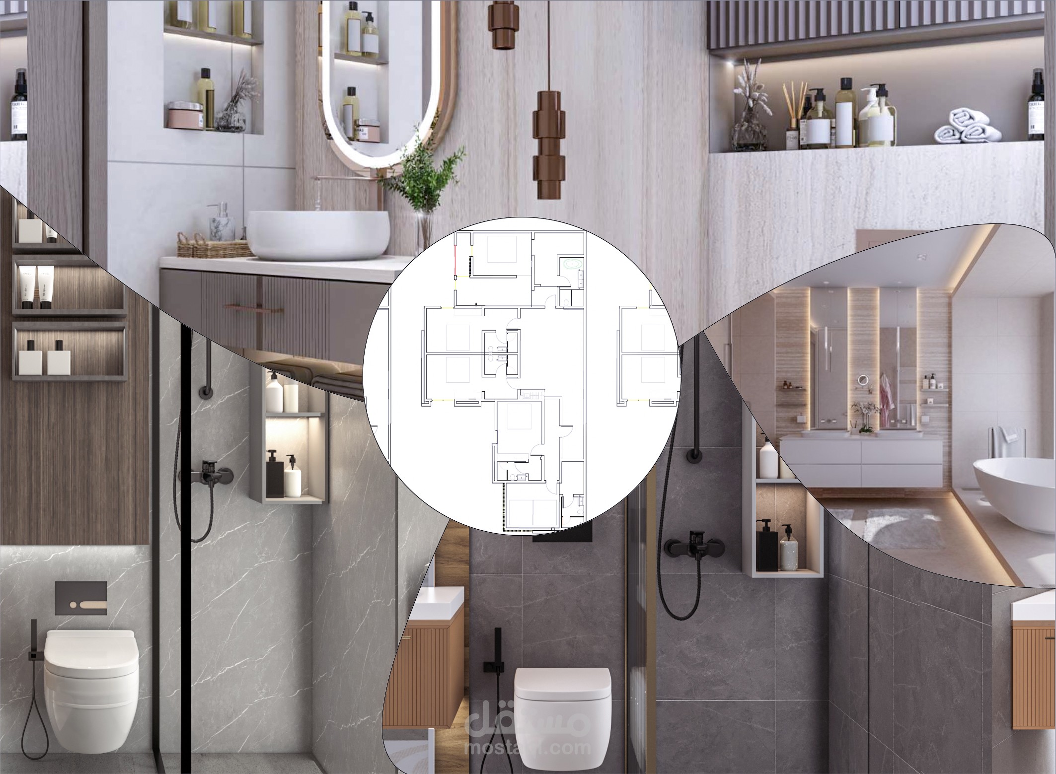 تصميم ٥ حمامات في فيلا