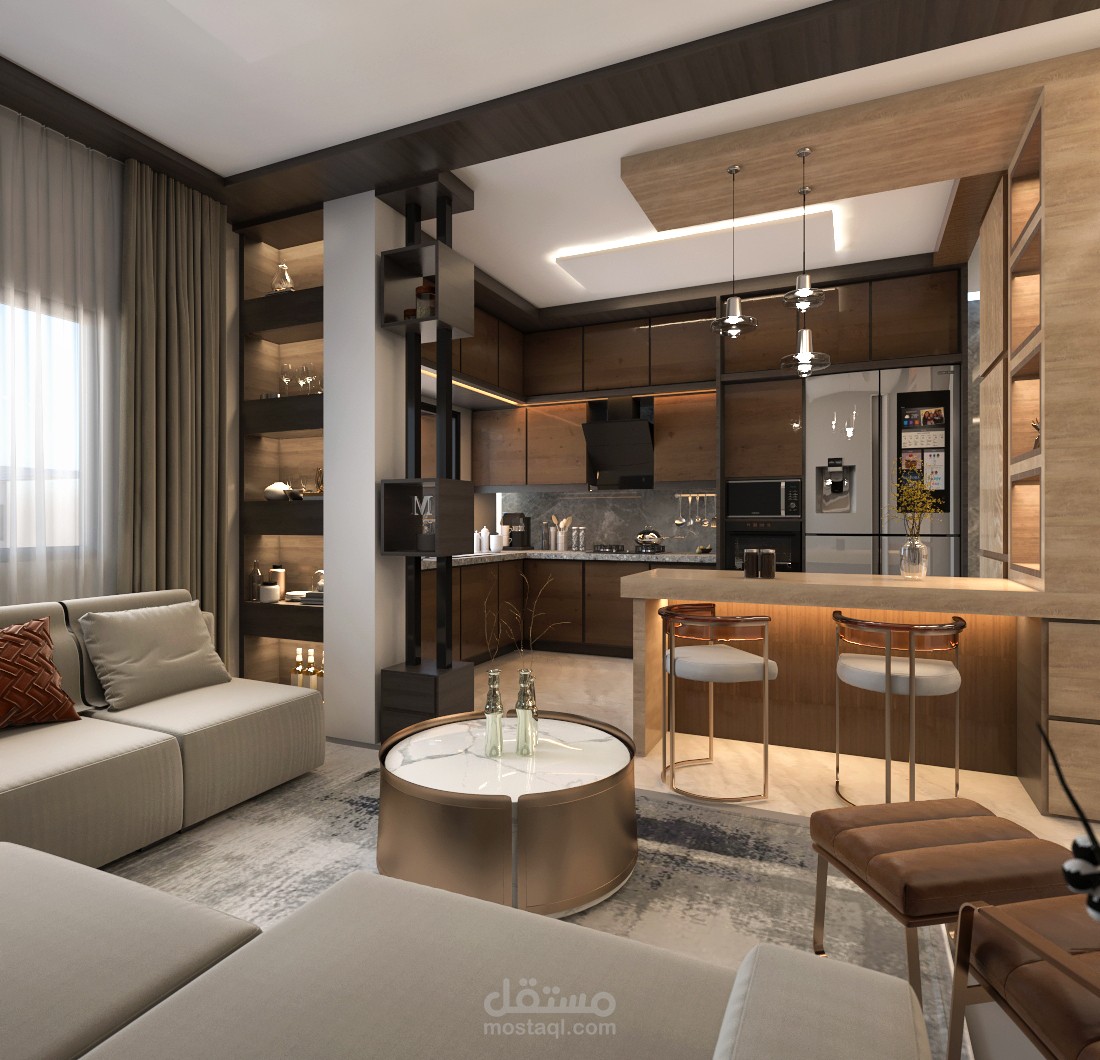 تصميم مطبخ مع فراغ معيشة