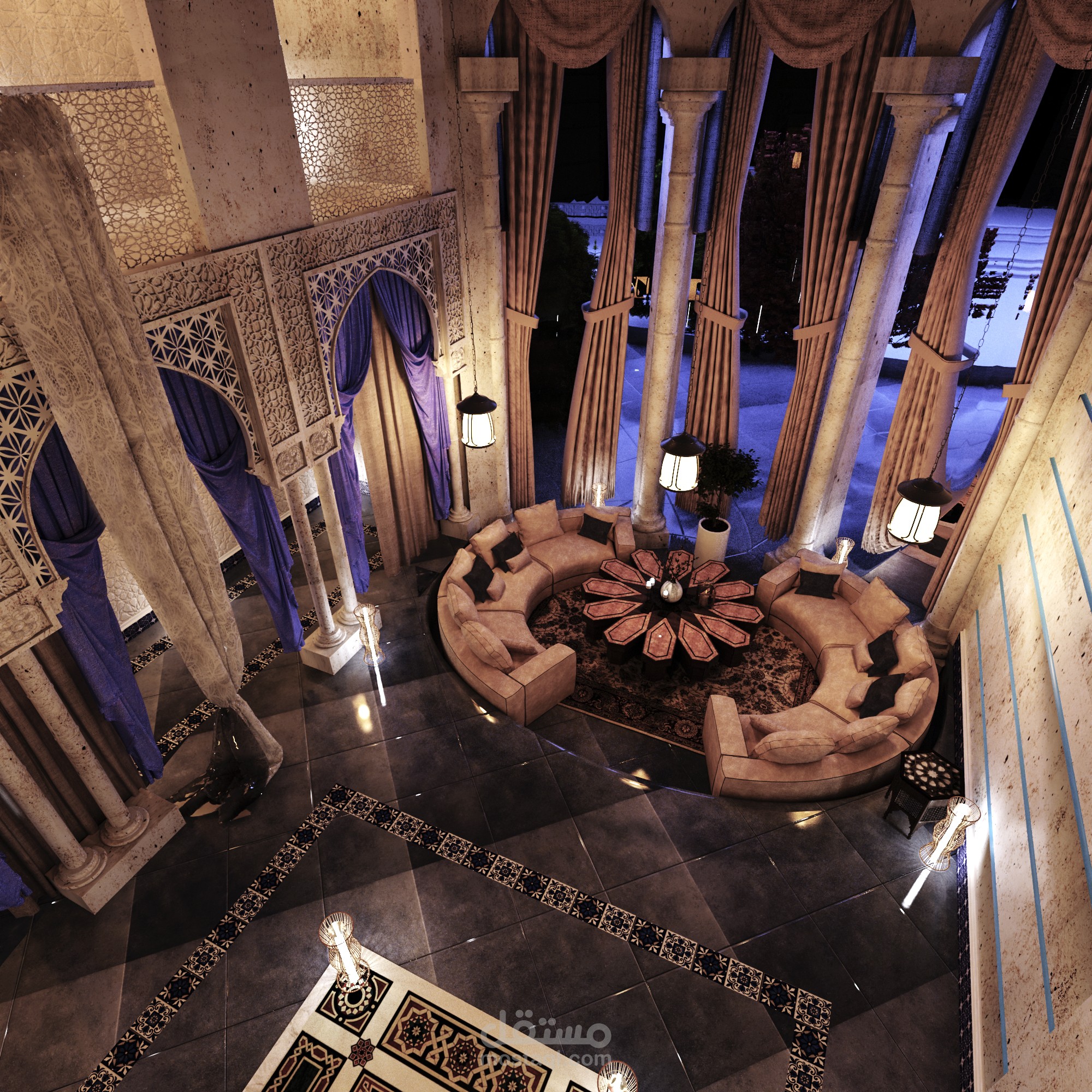 تصميم داخلي لبهو فيلا بالنمط الإسلامي المغربي