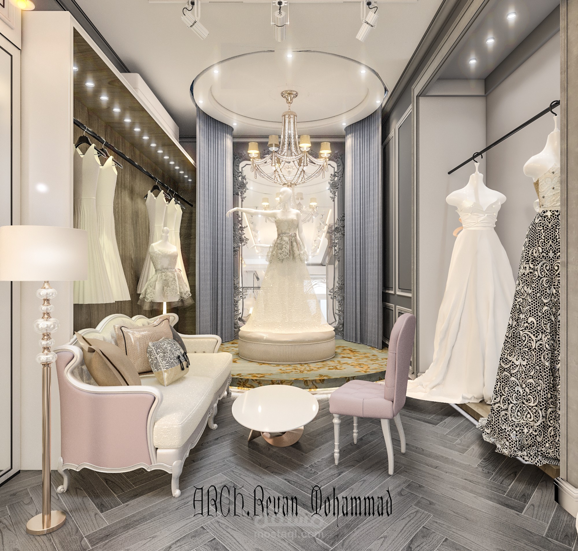 تصميم محل فساتين أعراس مع الواجهة الخارجية