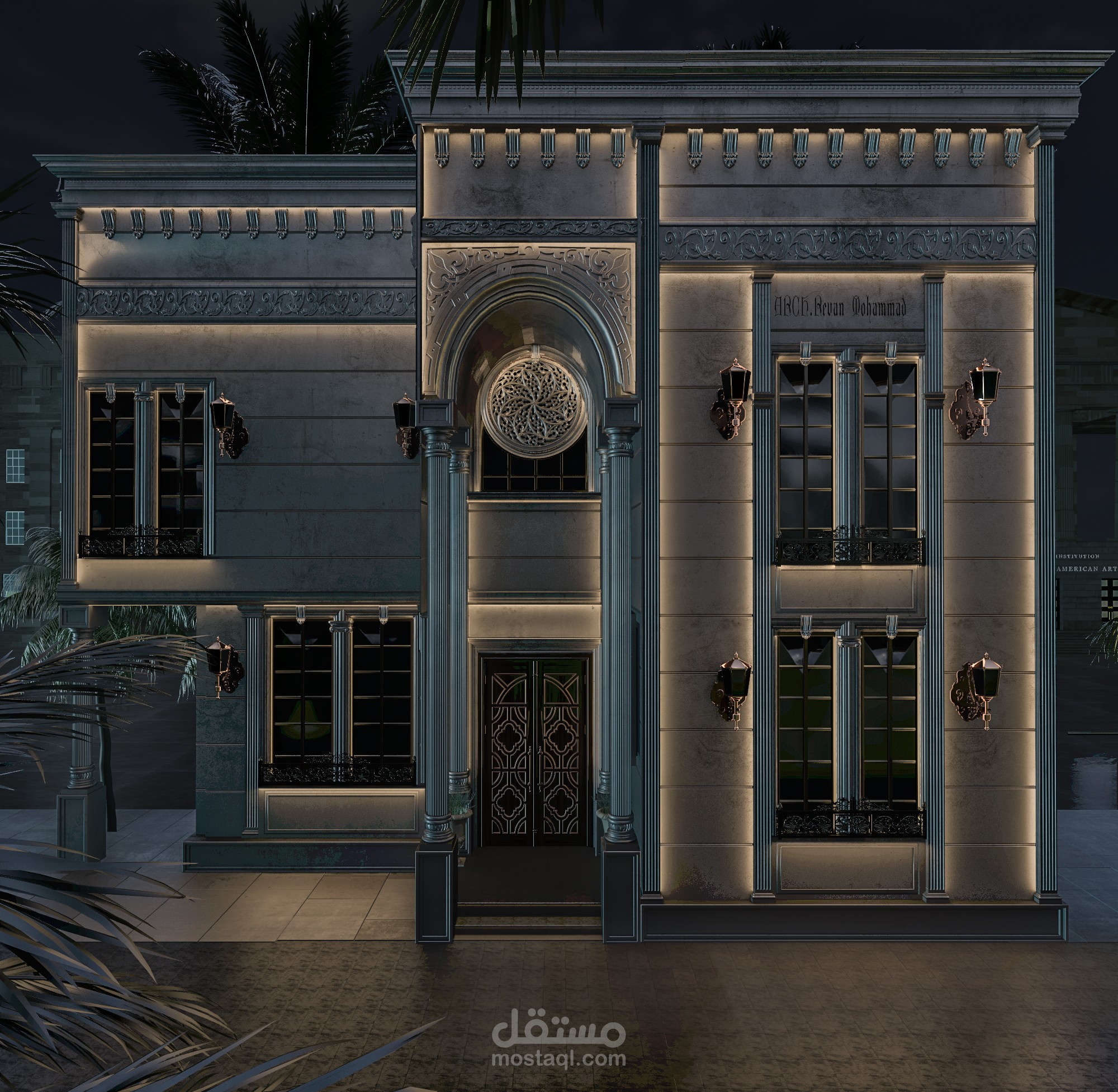 تصميم واجهة كلاسيكية من الحجر الأبيض في السعودية