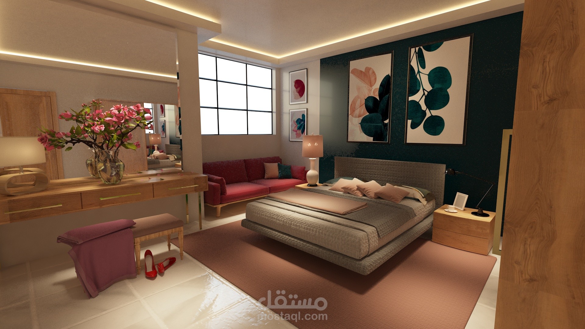 bed room غرفه نوم جزء من تصميم شقه سكنيه