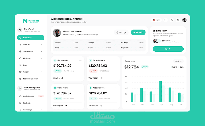 تصميم UI/UX لداشبورد خاصة بادارة محفظة كريبتو
