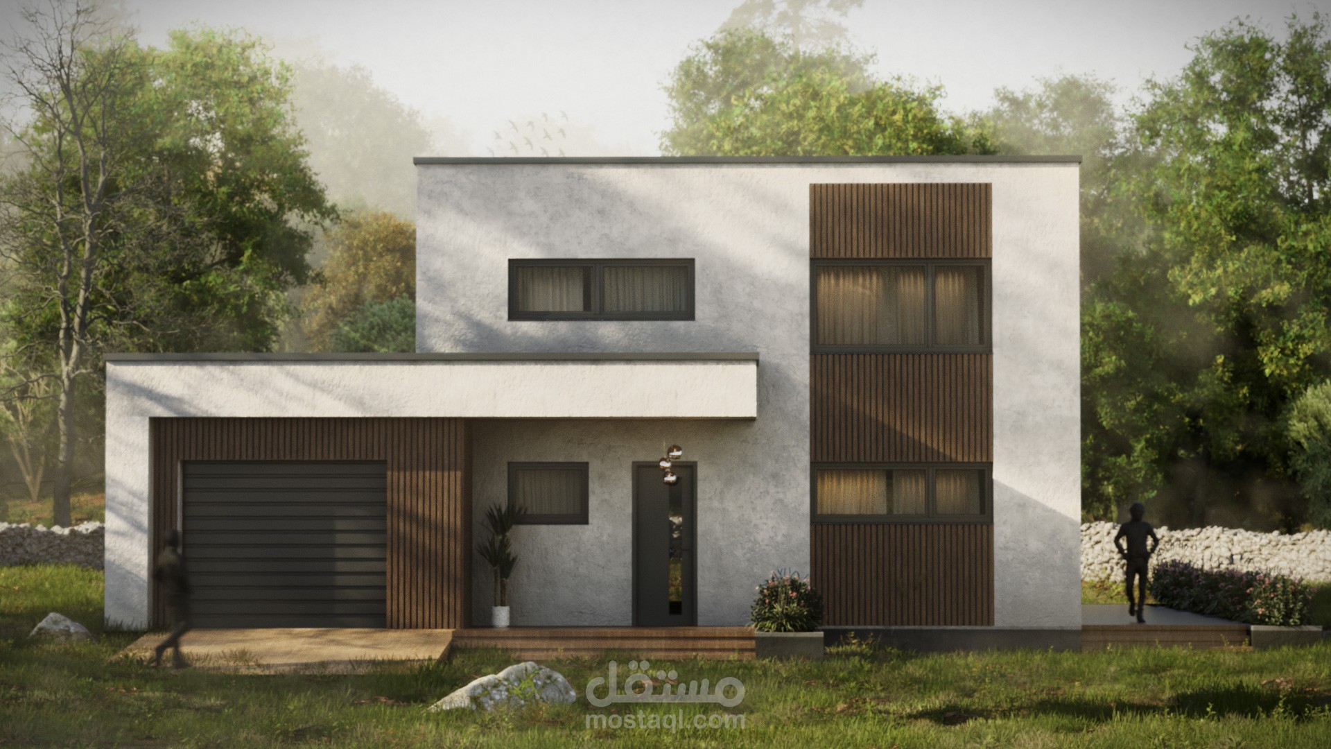 إظهار معماري خارجي واقعي لمنزل وسط بيئة طبيعية