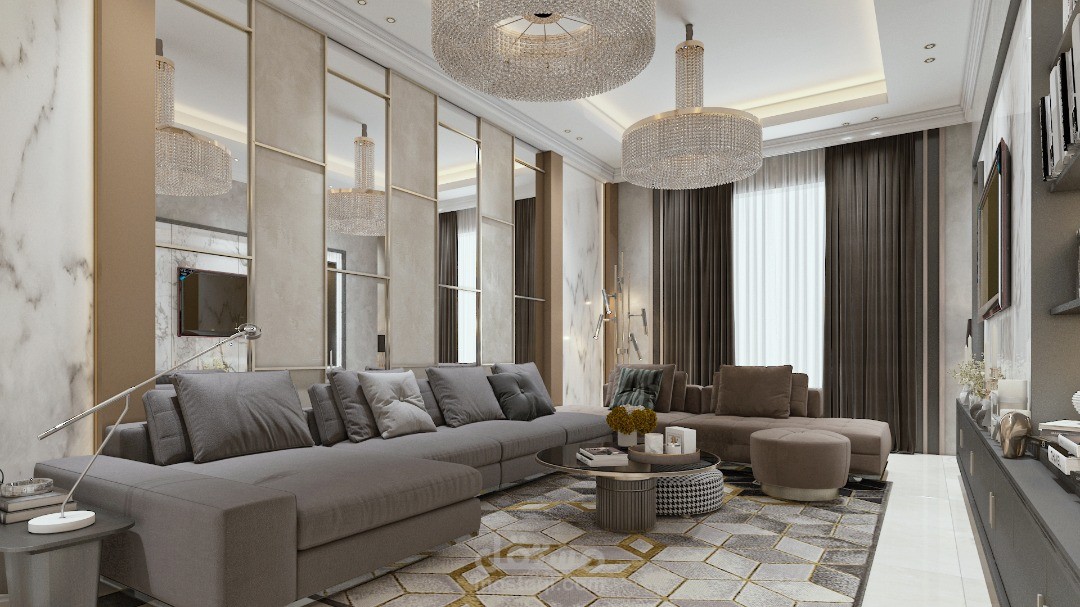 تصميم داخلي لصالة جلوس مع بهو في دولة الامارات