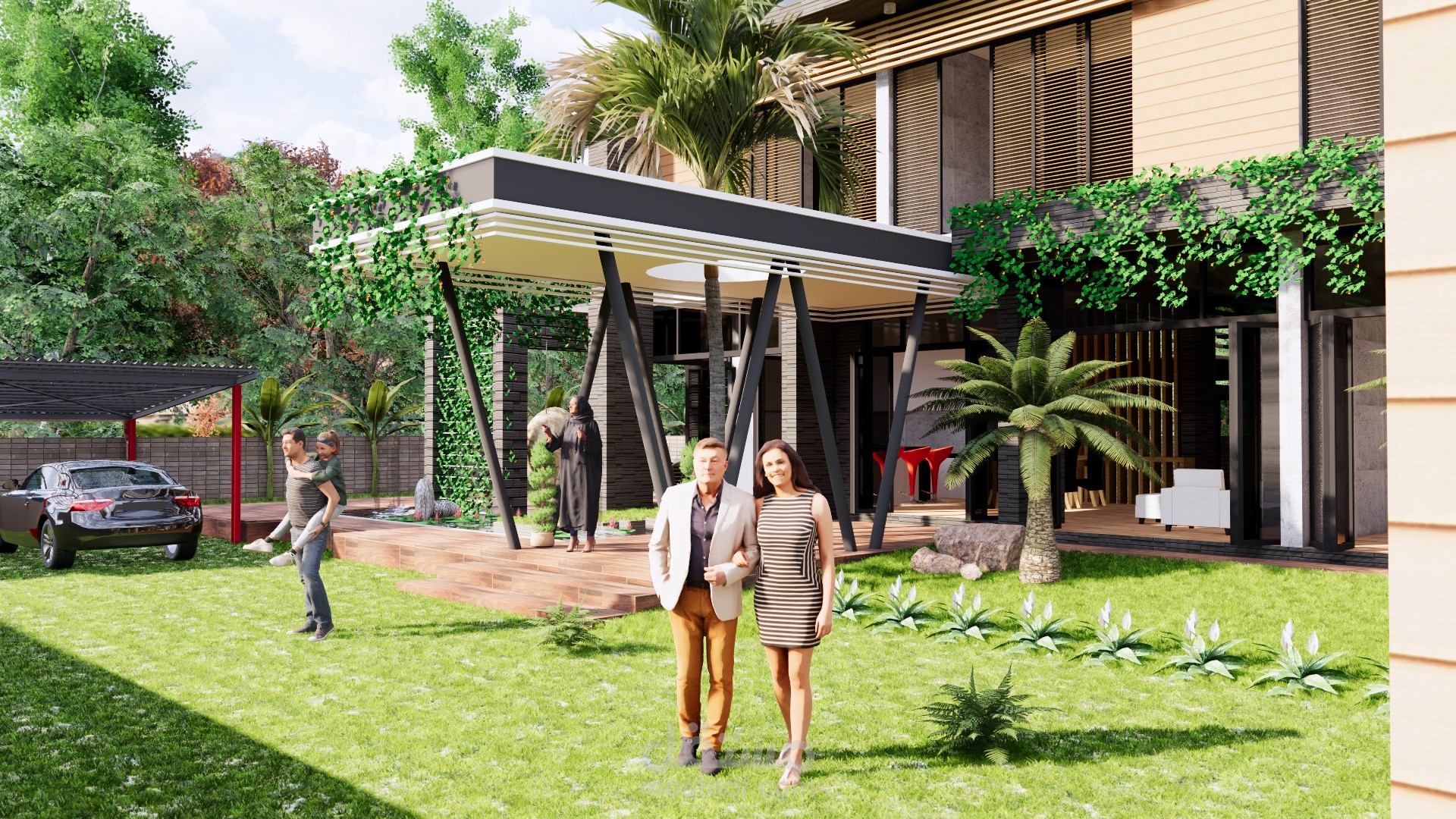 تصميم واجهات فييلا بحمام سباحه وحديقة بالسعودية