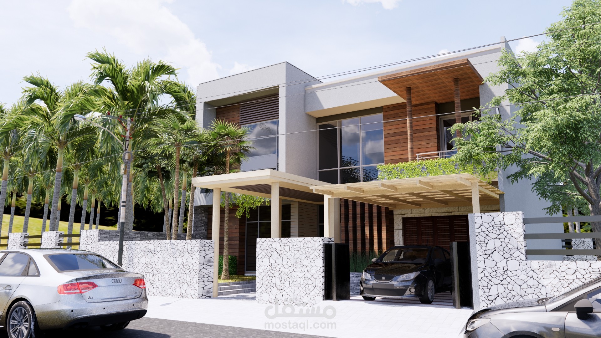 تصميم واجهات فيللا ولاند اسكيب وحوش وجراج